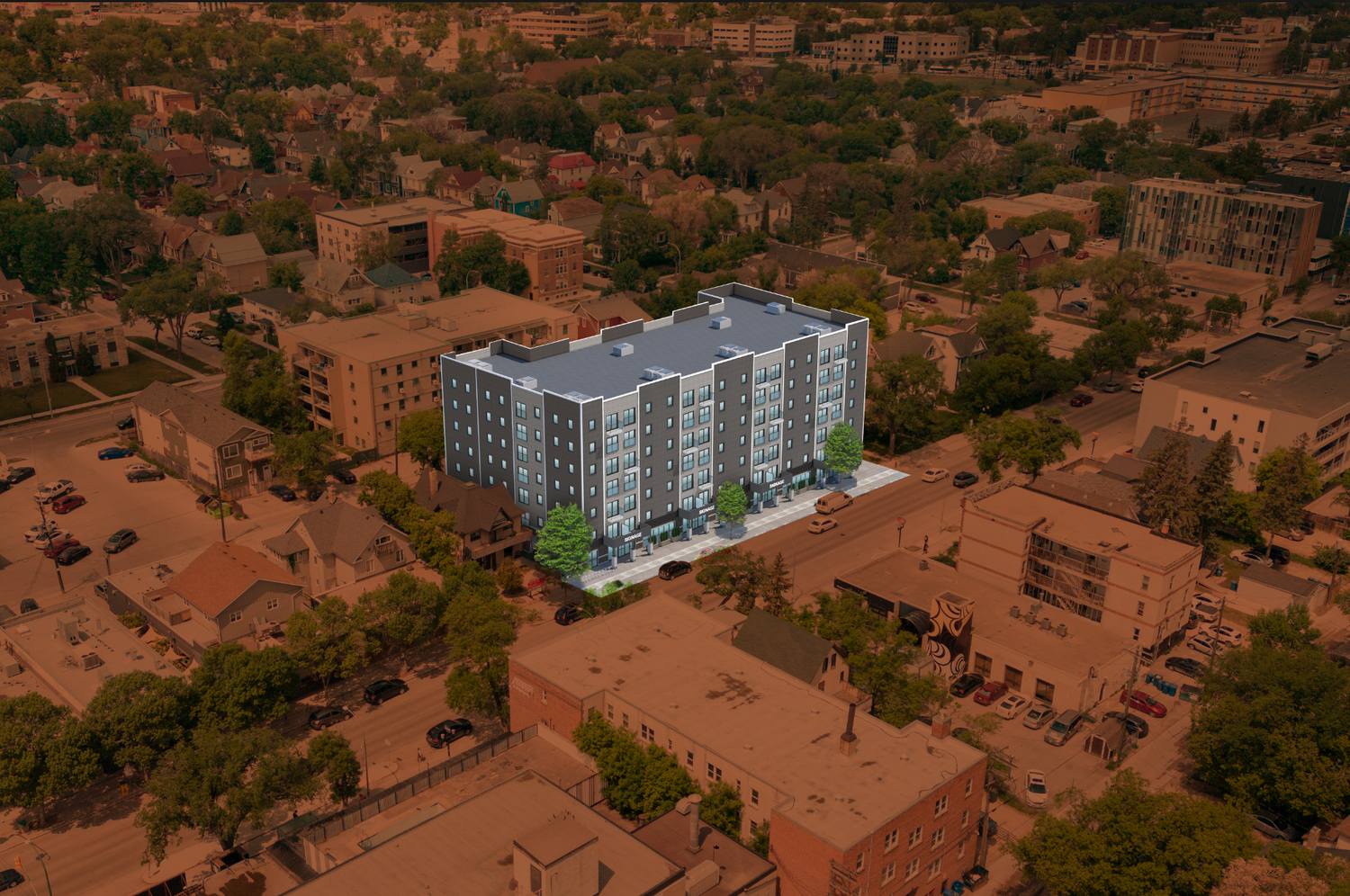 Aerial rendering looking northwest over 130 Sherbrook Residences and the West Broadway neighbourhood of Winnipeg