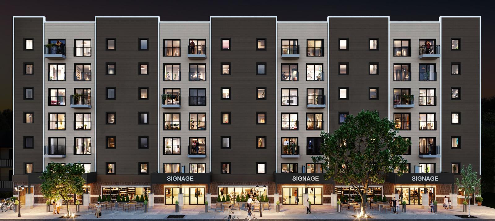 Head-on rendering of the Sherbrook Street elevation of 130 Sherbrook Residences: six residential floors above a row of lit storefronts