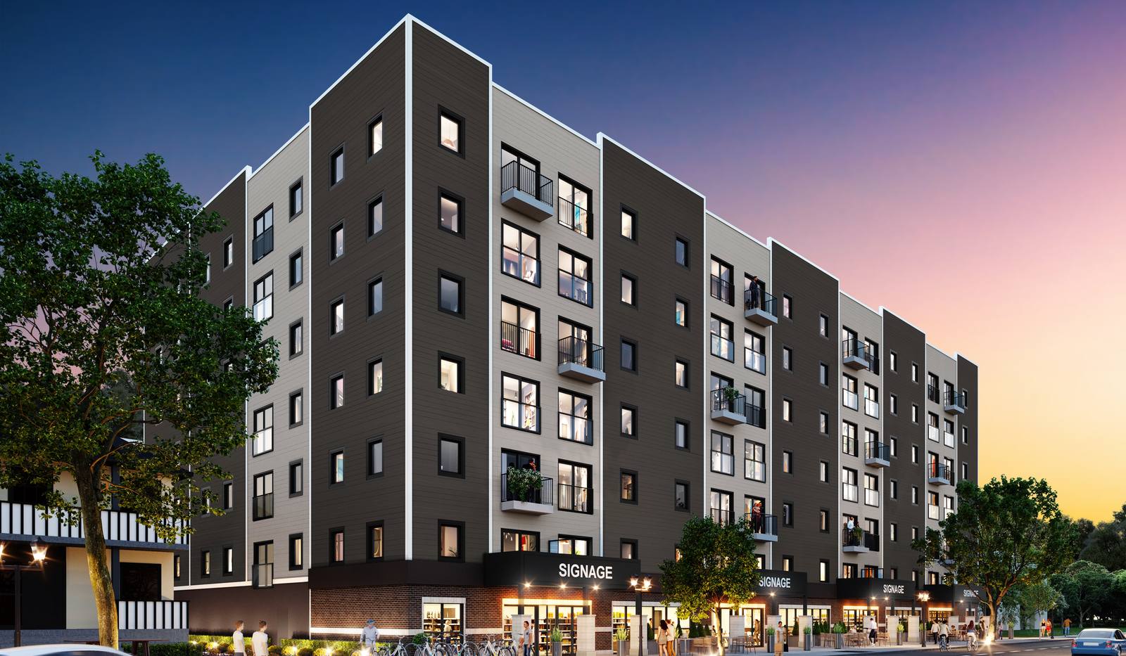 Rendering of 130 Sherbrook Residences at dusk, a seven storey building with lit storefronts along Sherbrook Street in West Broadway, Winnipeg